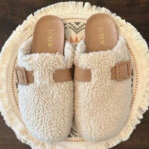 J.Crew Tan Fuzzy Slippers with Buckle